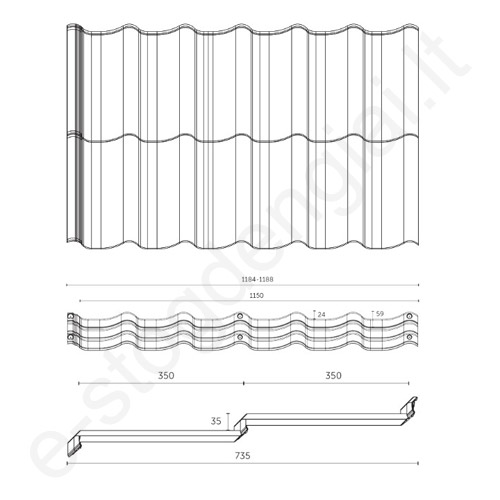 Modulinė čerpė Budmat Bella Sara 0,50 mm, 735x1186 mm (0,805 m²) D-Matt Plus Molio (RAL 8004), vnt