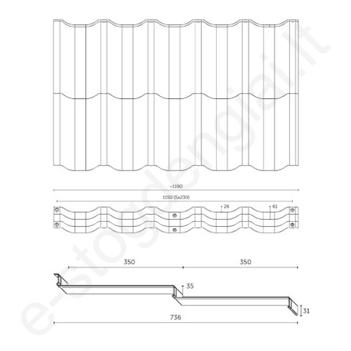 Modulinė čerpė Budmat Venecja 0,50 mm, 736x1190 mm (0,805 m²) D-Matt Plus Ruda (RAL 8017), vnt