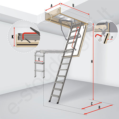 PRIEŠGAISRINIAI laiptai į palėpę Fakro LMF 86x130 h=2,8m metaliniai, EI=120 min