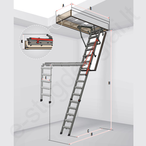 Fakro laiptai LMP 60x144 h=3,66m sudedami metaliniai