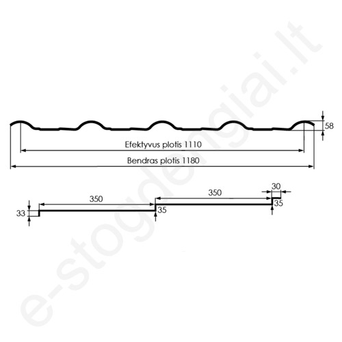 Modulinė čerpė Hanbud Retto 0,47 mm, 720x1180 mm (0,77 m²) Matinė Žalia (RAL 6020), vnt