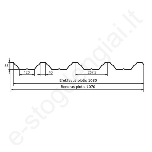 Trapecinis profilis Hanbud T-55 0,50 mm, 1030 mm, Matinis Crown BT SSAB, m²